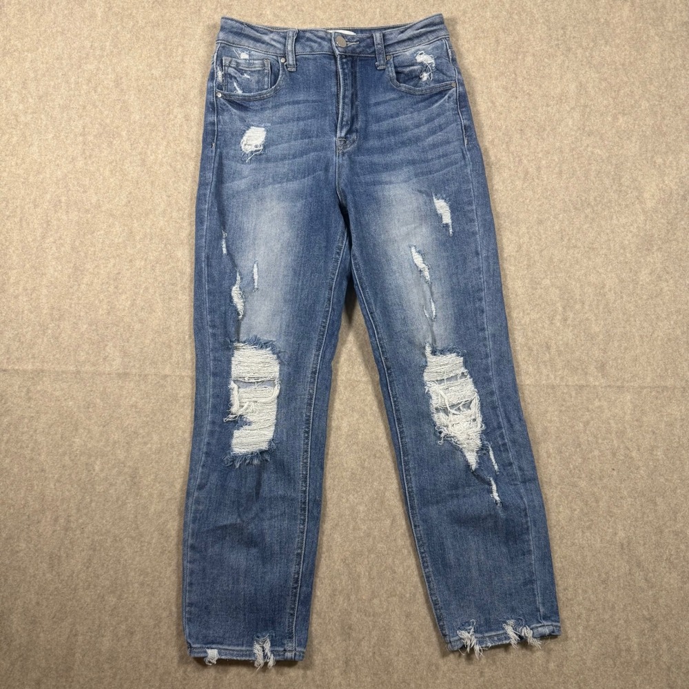 Risen Jeans Women's Distressed Straight Leg Jeans Medium Wash Raw Hem Size 5/27